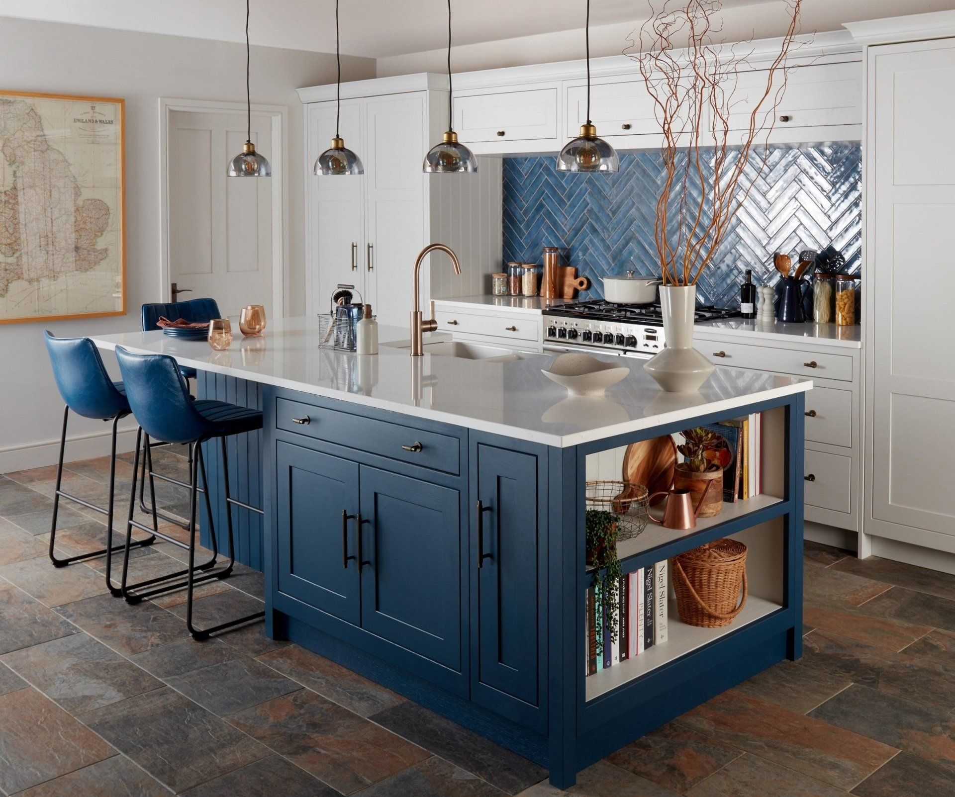 Pembrey Prussian Blue kitchen with smoke glass island lights and blue leather breakfast bar stools