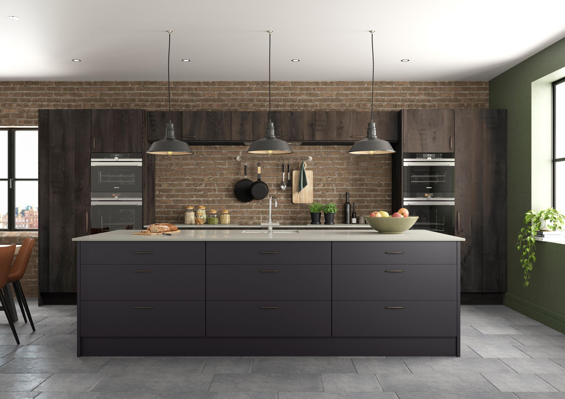 Otto Dark Oak with open sections with brick back wall, light worktops