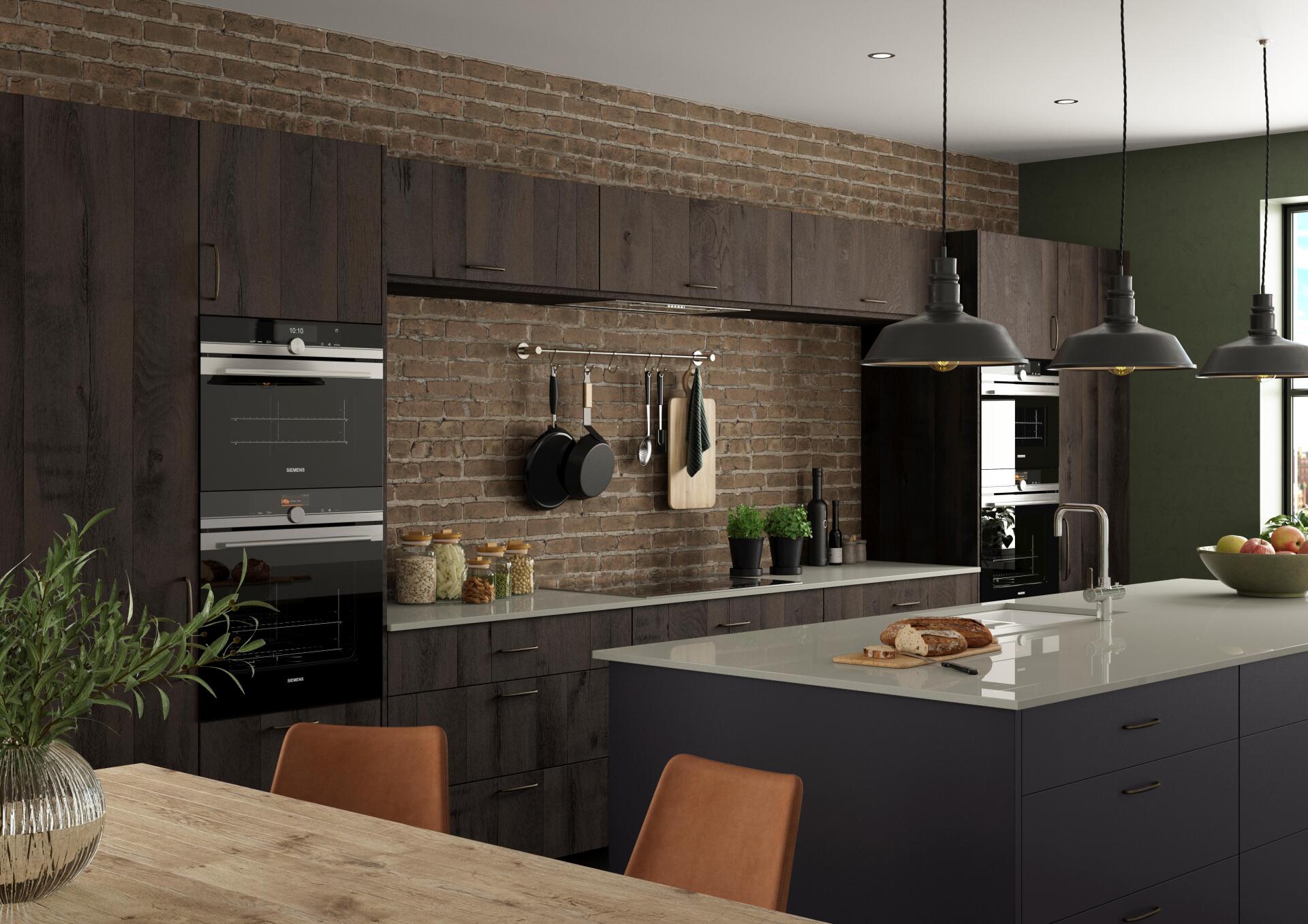 Otto Dark Oak with Orange Leather Chairs brick walls