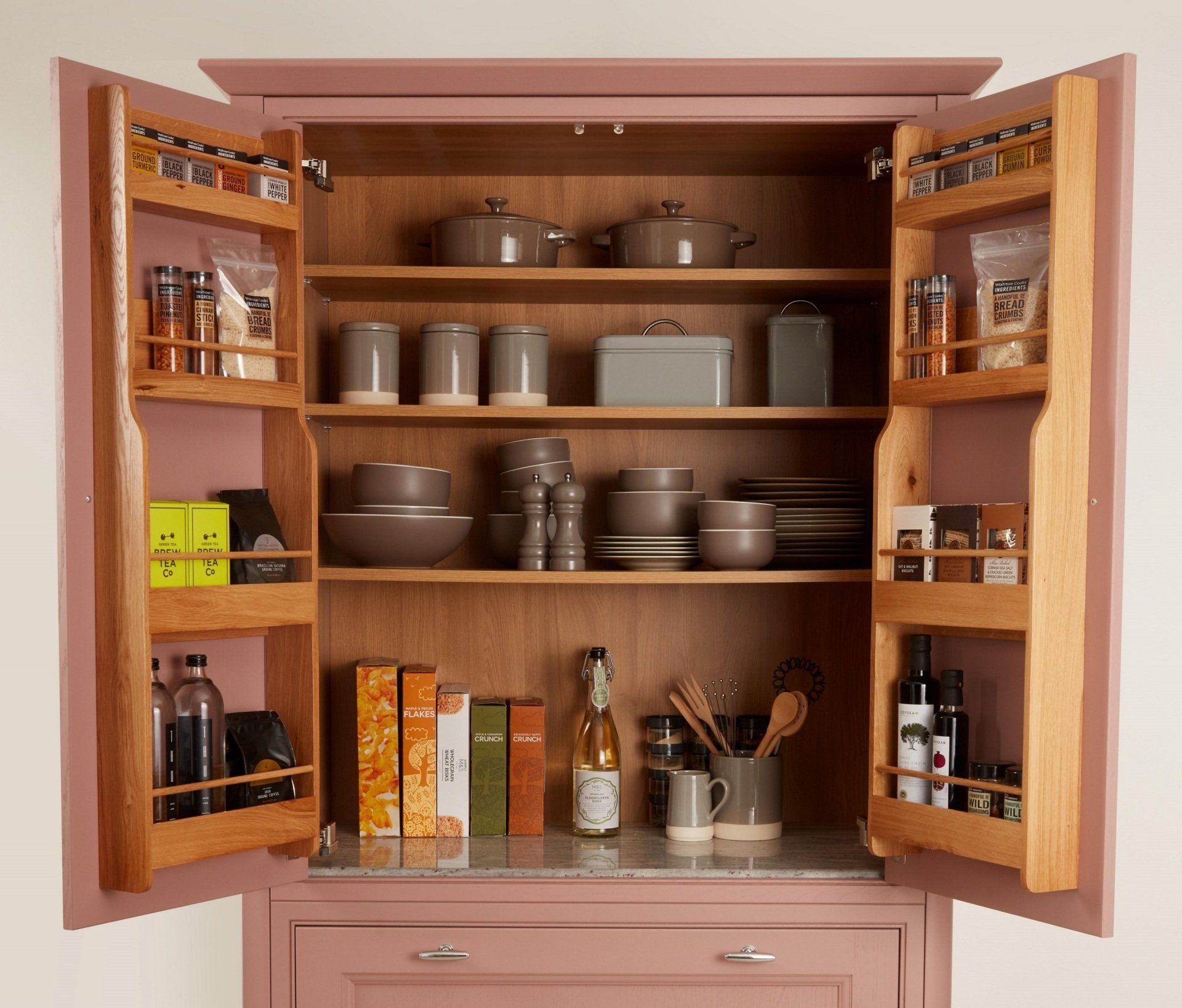 Tetbury Pale Rose pantry larder with granite worktop for prep and waitrose condiments and brown crockery