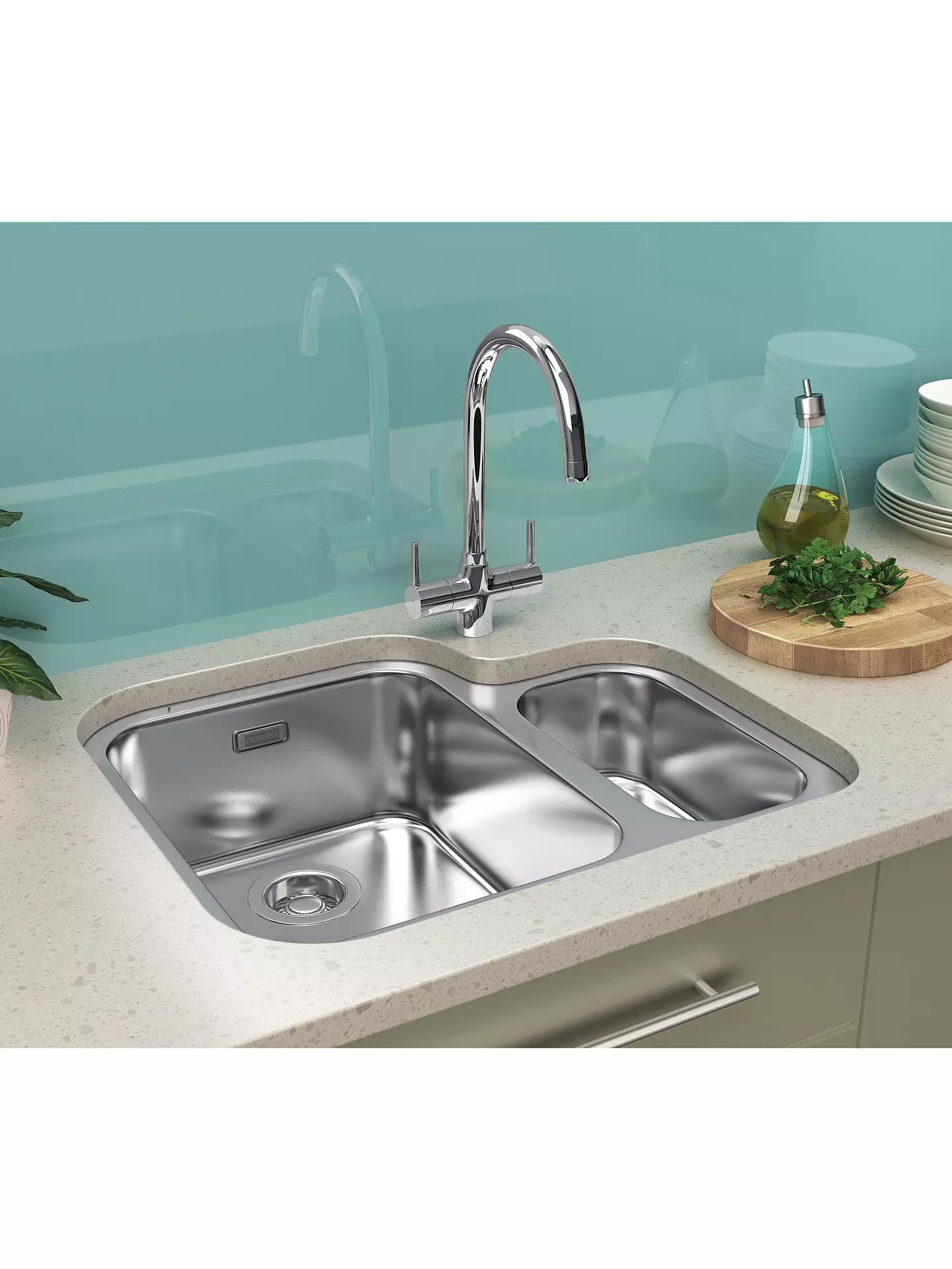 Ariane 1.5 Bowl Stainless steel sink in worktop with teal blue tiles