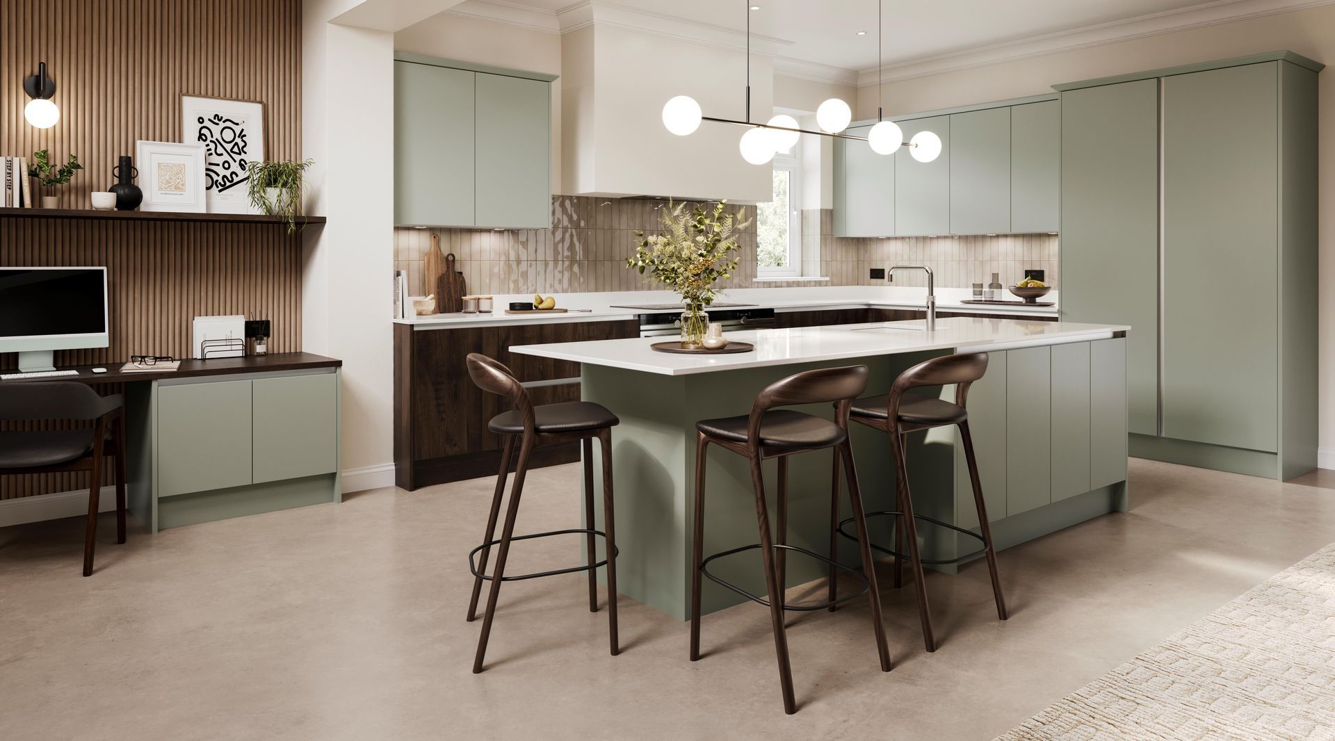 Otto Soft Moss and Dark Oak with large island with dark breakfast bar stools