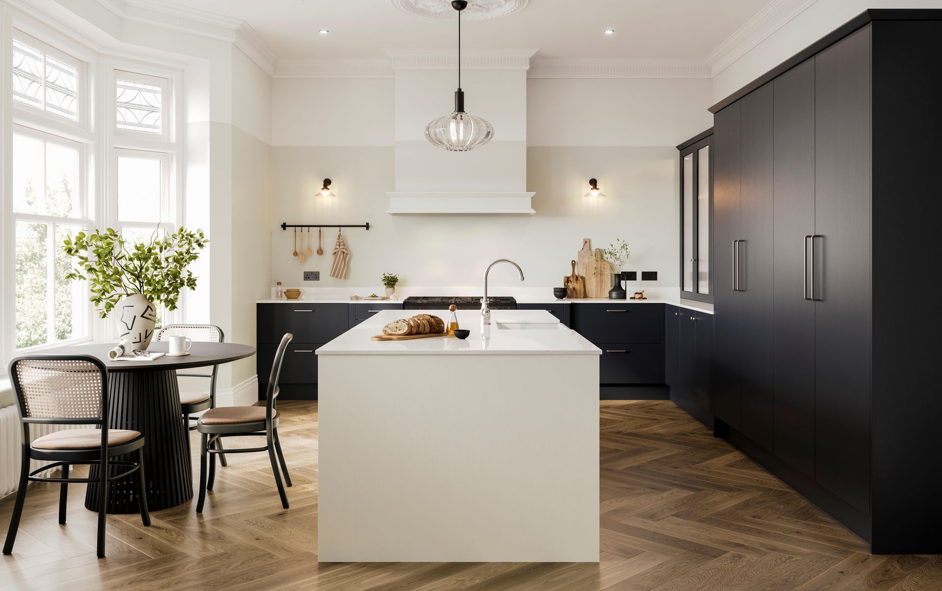 Otto Painted Bone and Charcoal large bone island and mantle on the back wall