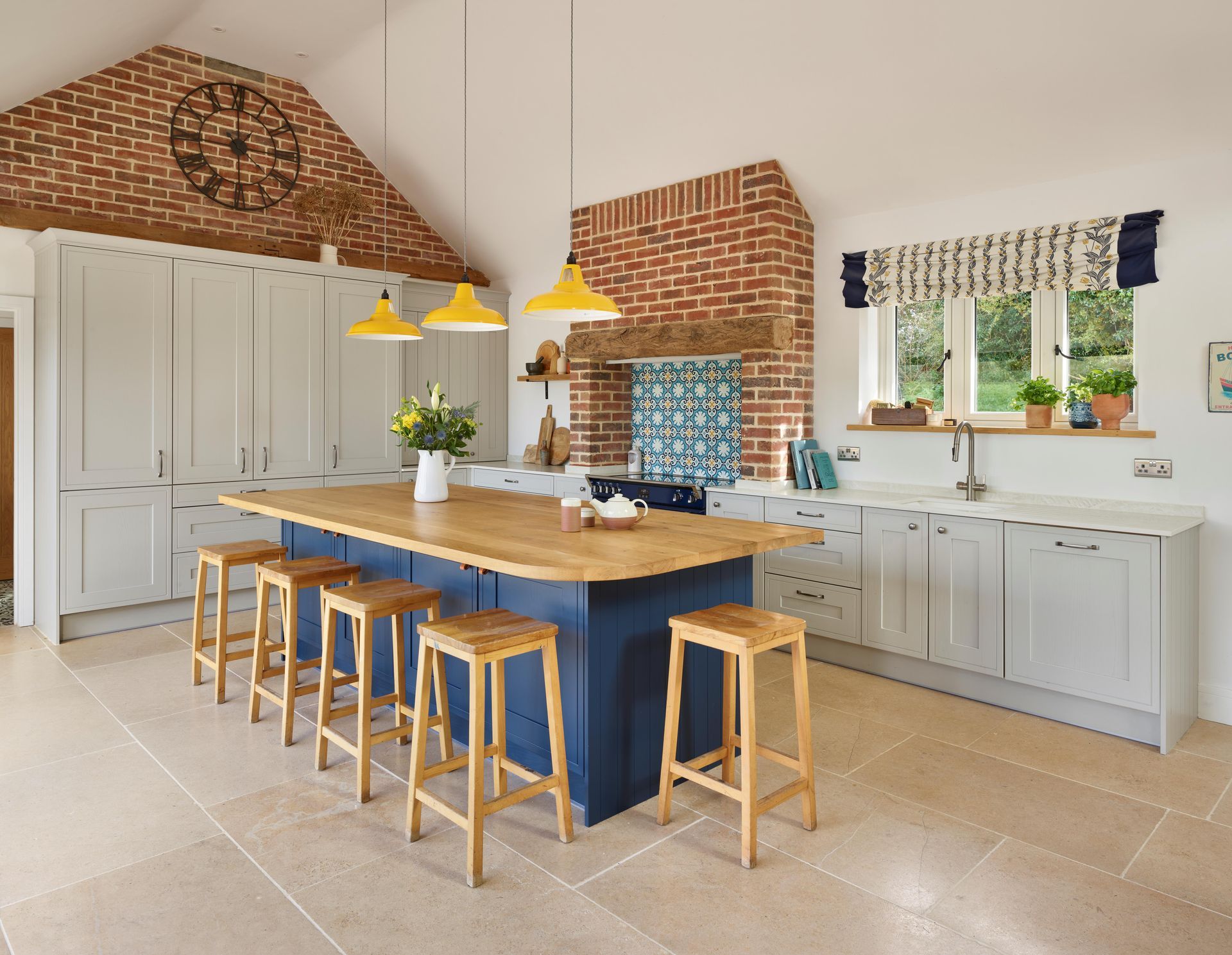 Chartwell Prussian Blue and Soft Grey Kitchen with Oak Stools