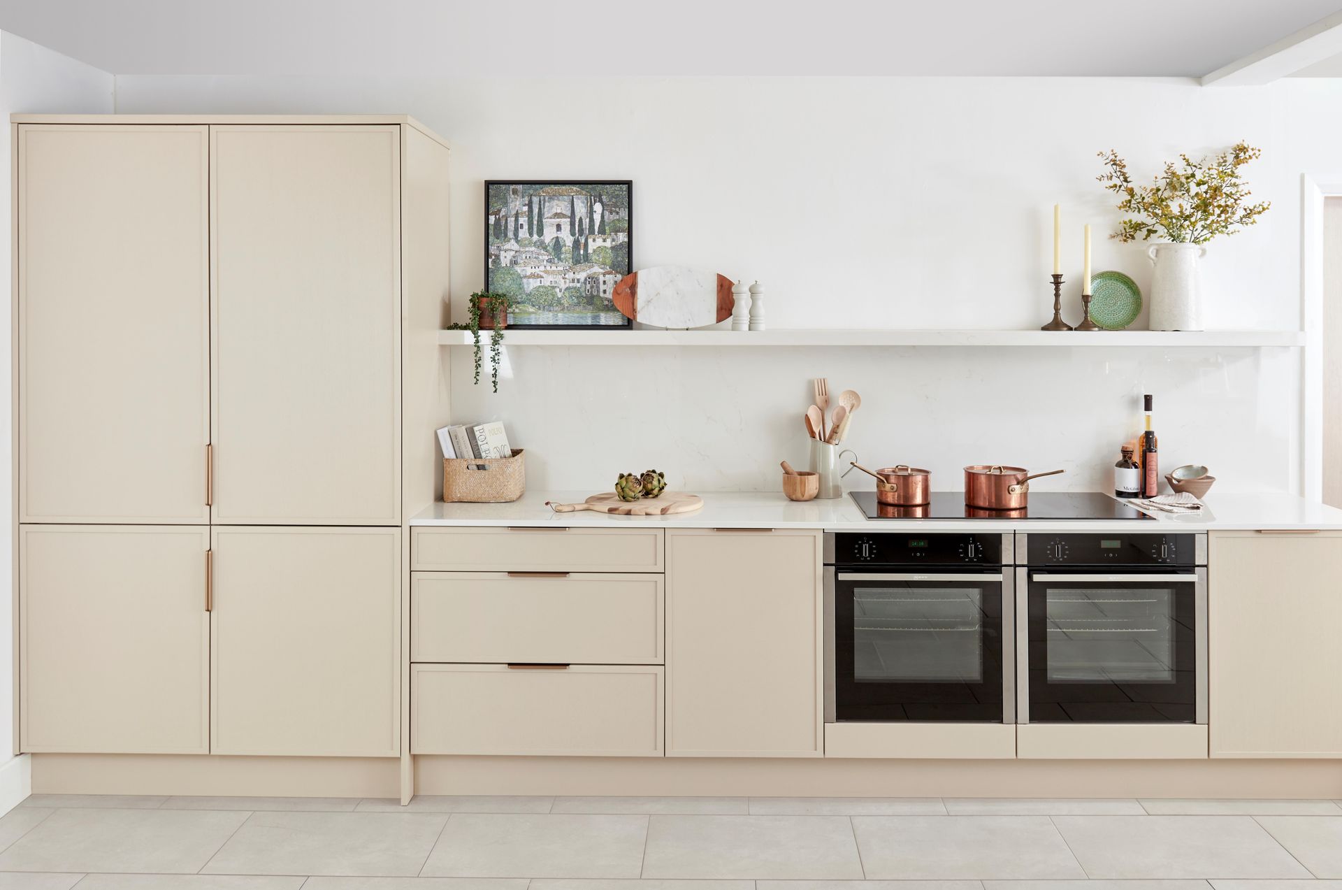 Otto Soft Moss and Dark Oak with vertical wall tiles and plain mantle with extractor