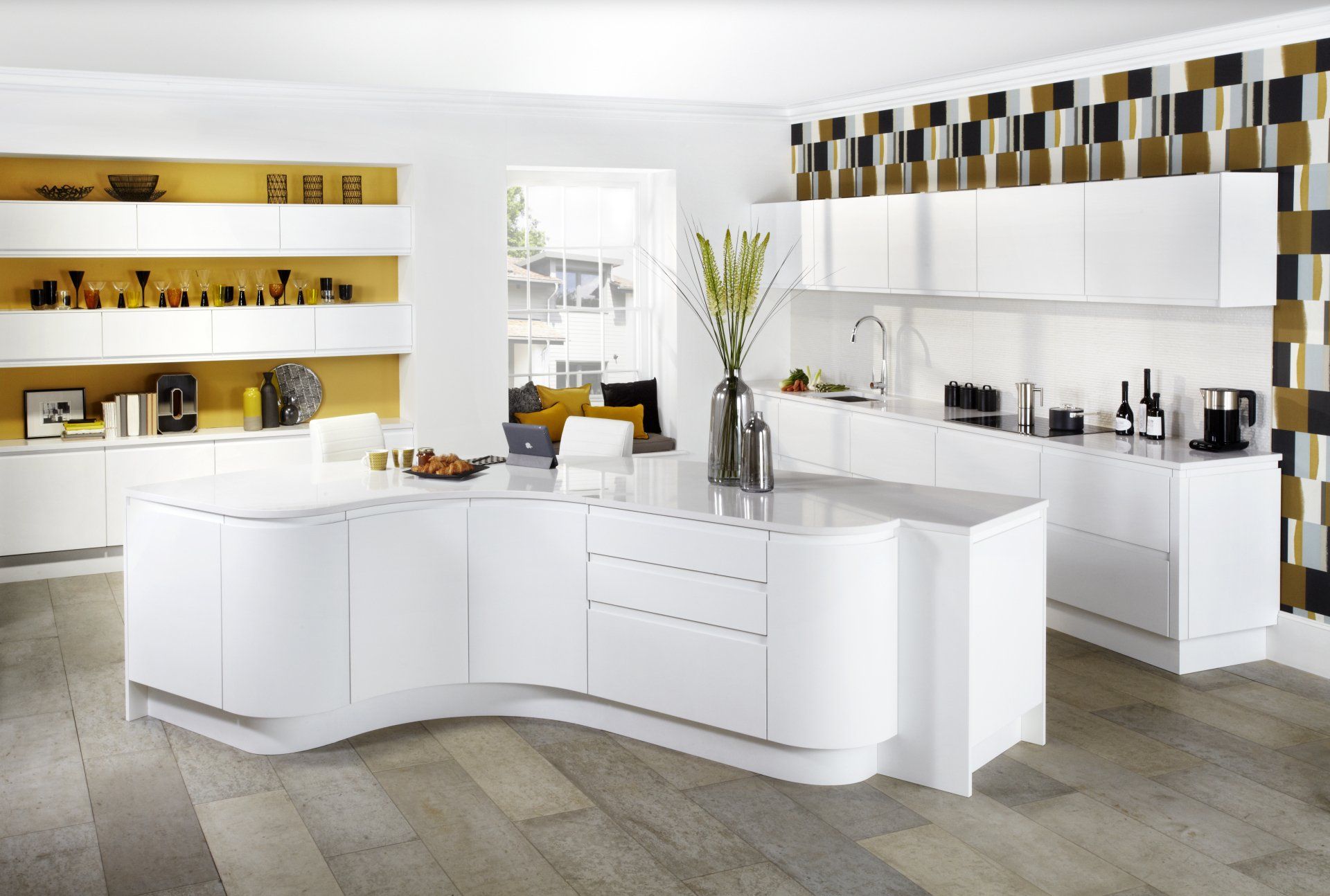 Malmo Matt White curved island open shelves on the mustard wall and window seat