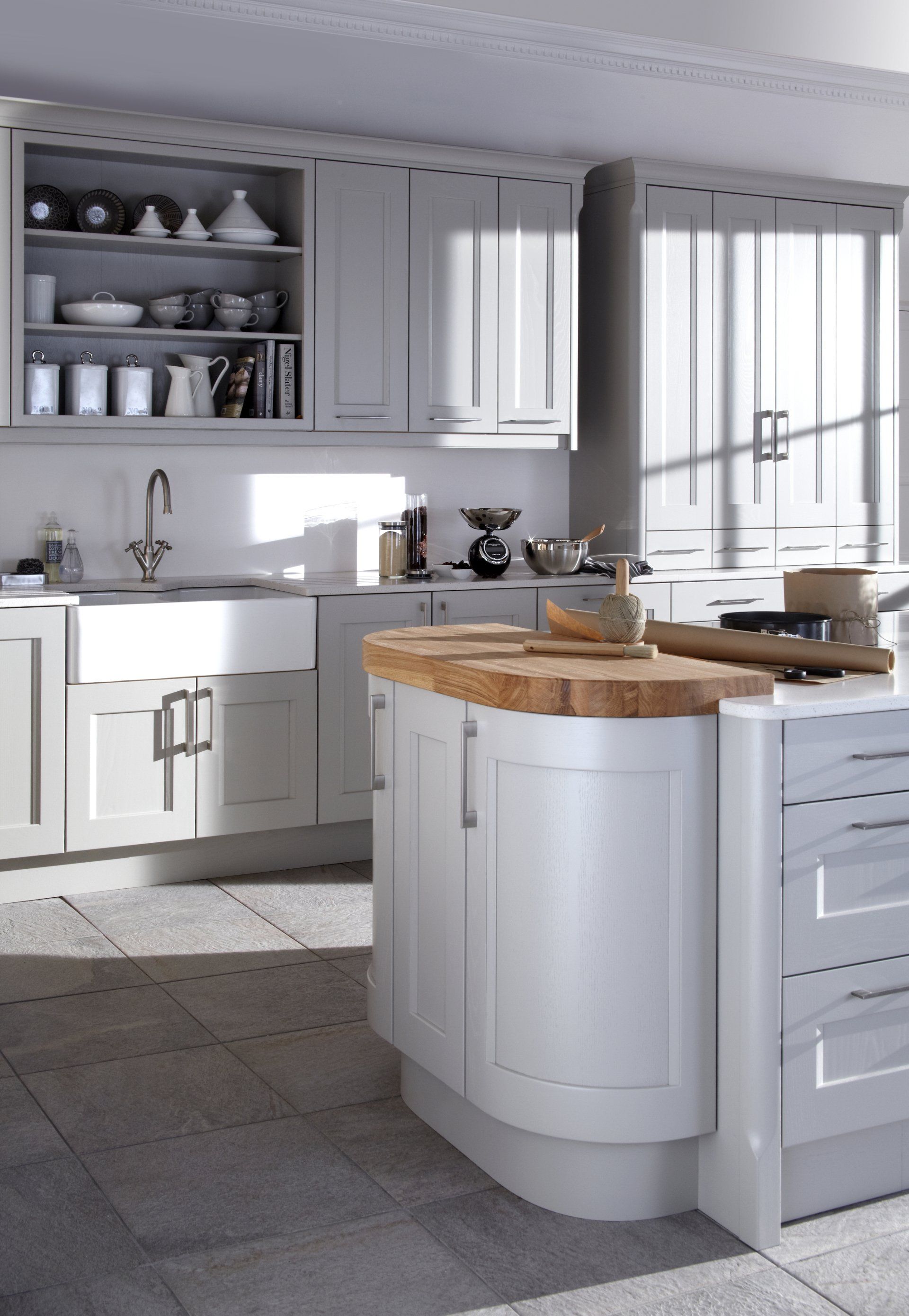 Kew Soft Grey Kitchen curved base unit end of island with wooden block worktop