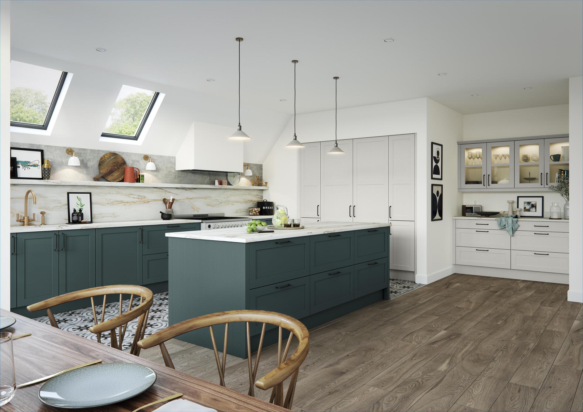 Fenton Baltic Green and Pale Smoke kitchen in dining space mosaic flooring
