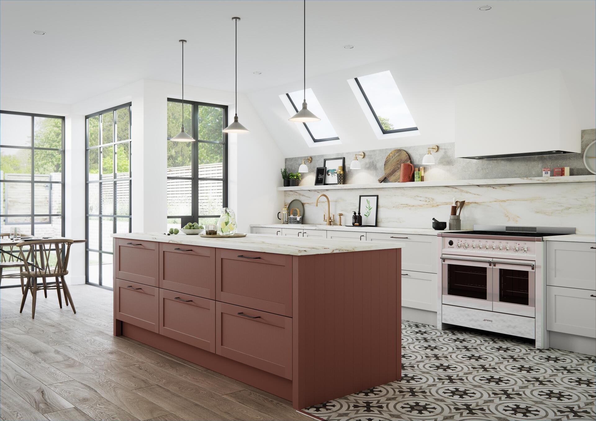 Fenton Tuscan Red Island with contemporary graphite windows and hanging ceiling lights