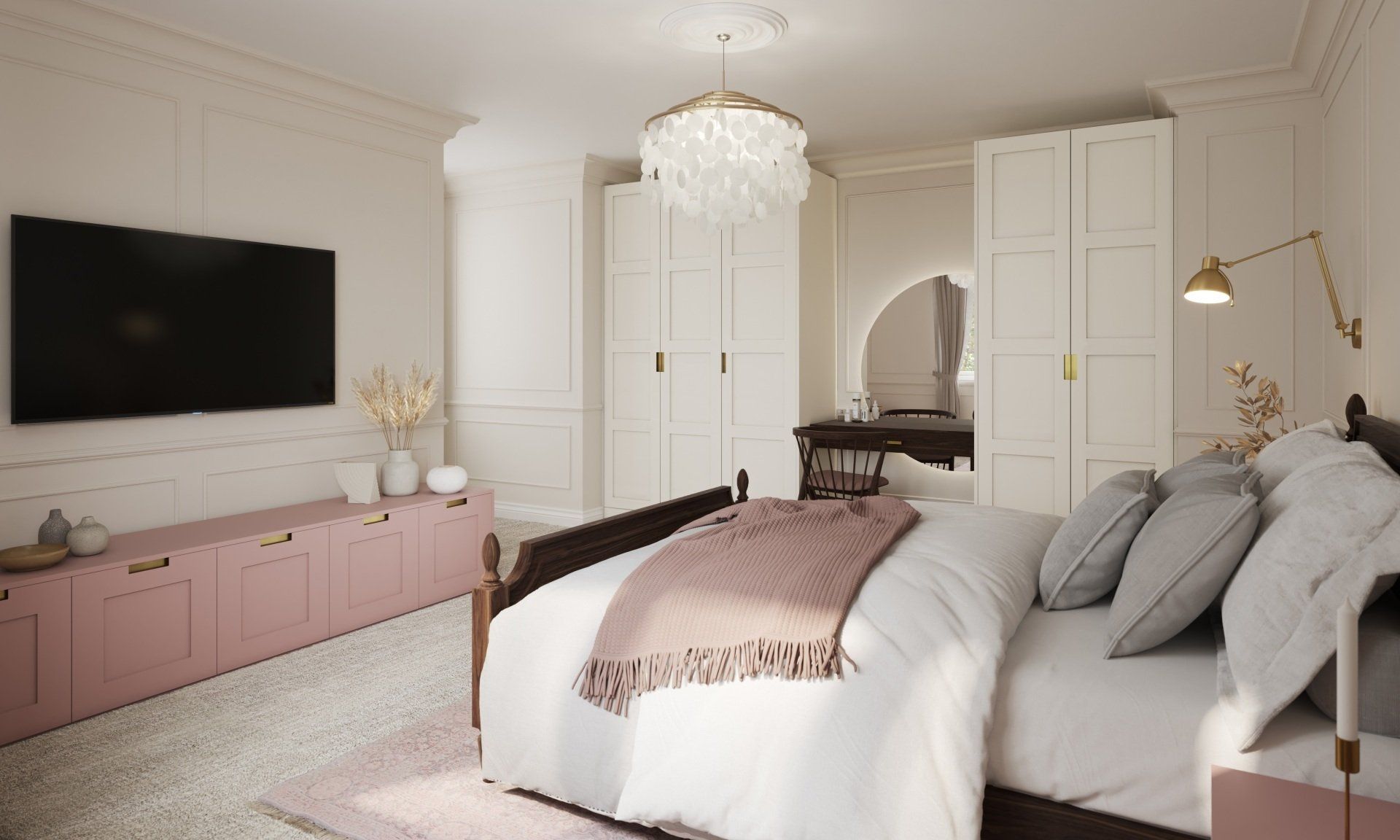 Valentino Kitchen Installer Designer Hunton Wardrobes with bed and gold wall lights