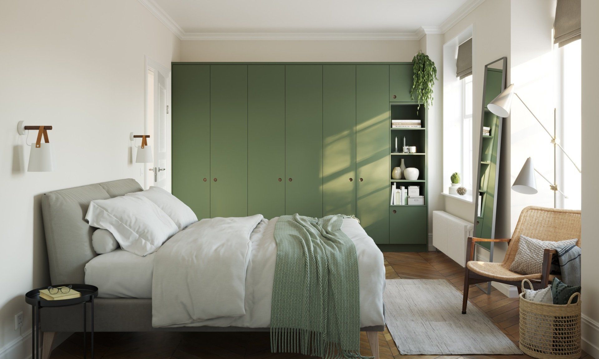 Contemporary Bedrooms with olive doors with routed round handle and green plants