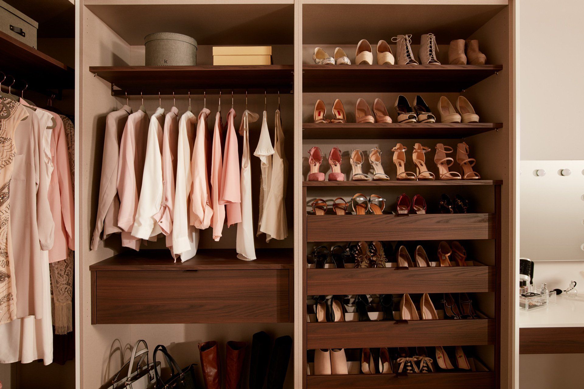 Walk-in wardrobes hanging shirts and drawers with containing shoes