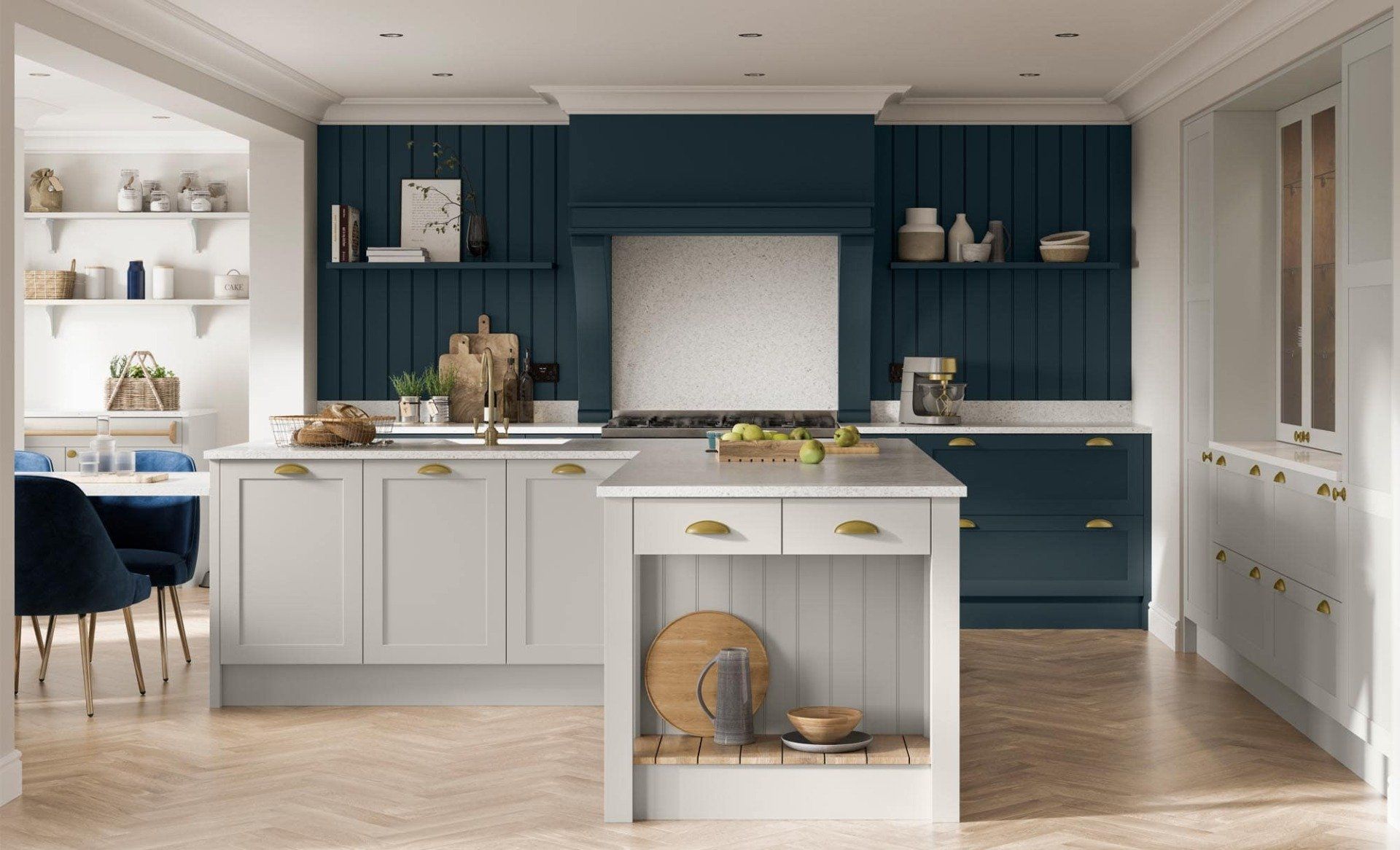 Clifden Marine Kitchen breakfast bar end open with two drawers and wood base, t&g back and blue mantle around range cooker