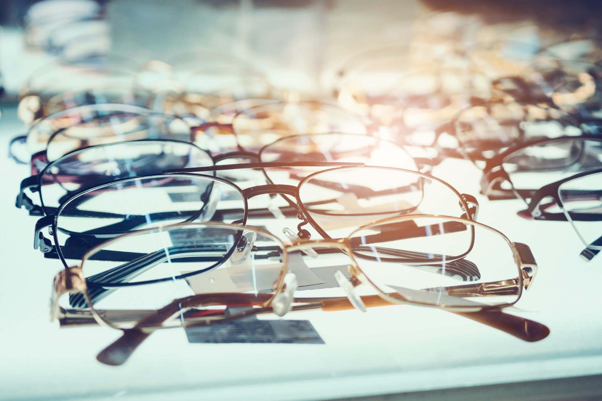 Eye Glasses on Window Display Shelves — Orange, MA — Leonard Optician Inc.