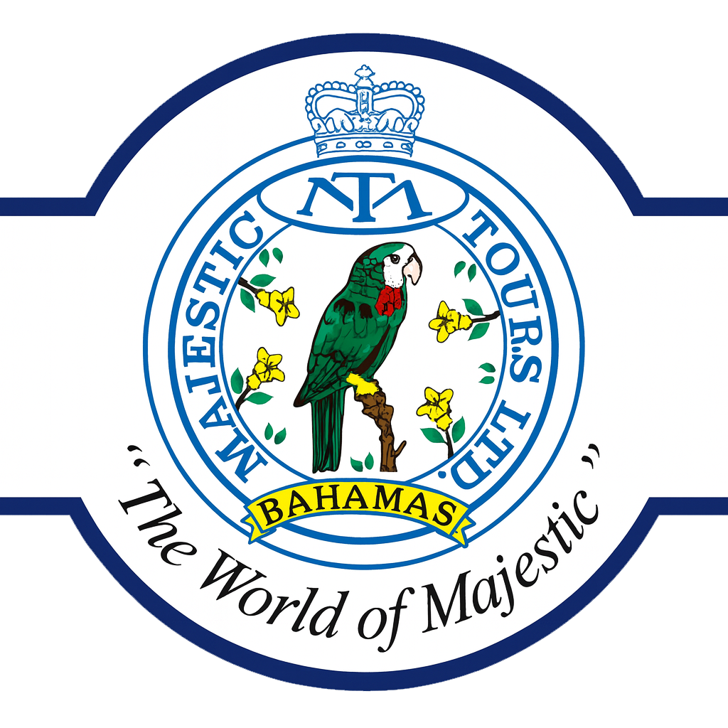 Logo for Majestic Tours Ltd. in the Bahamas, featuring a green parrot and a crown.