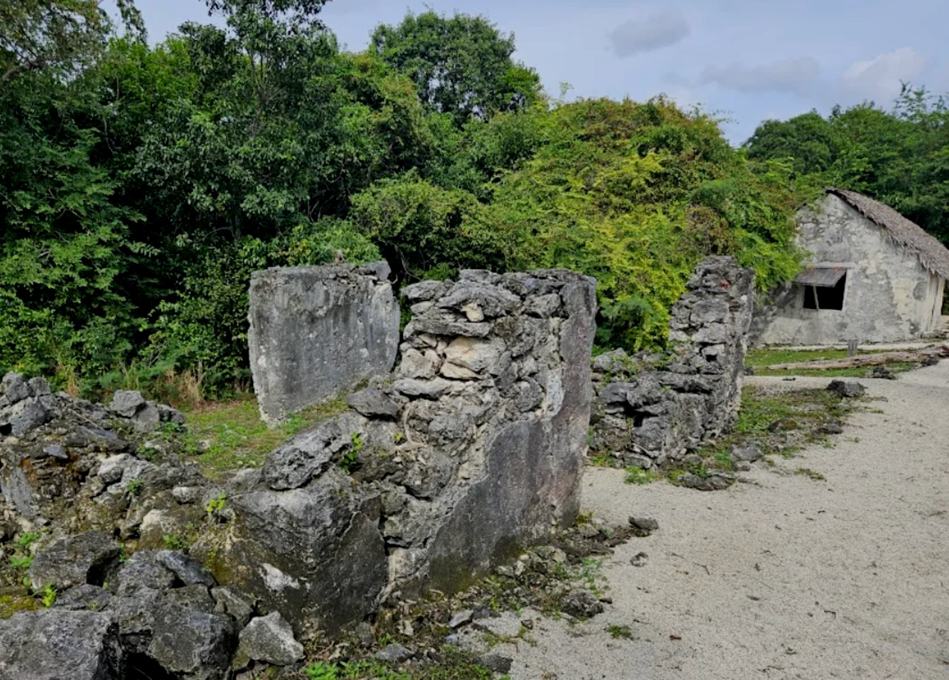 Ruins of stone walls and a building with a thatched roof, surrounded by green trees.