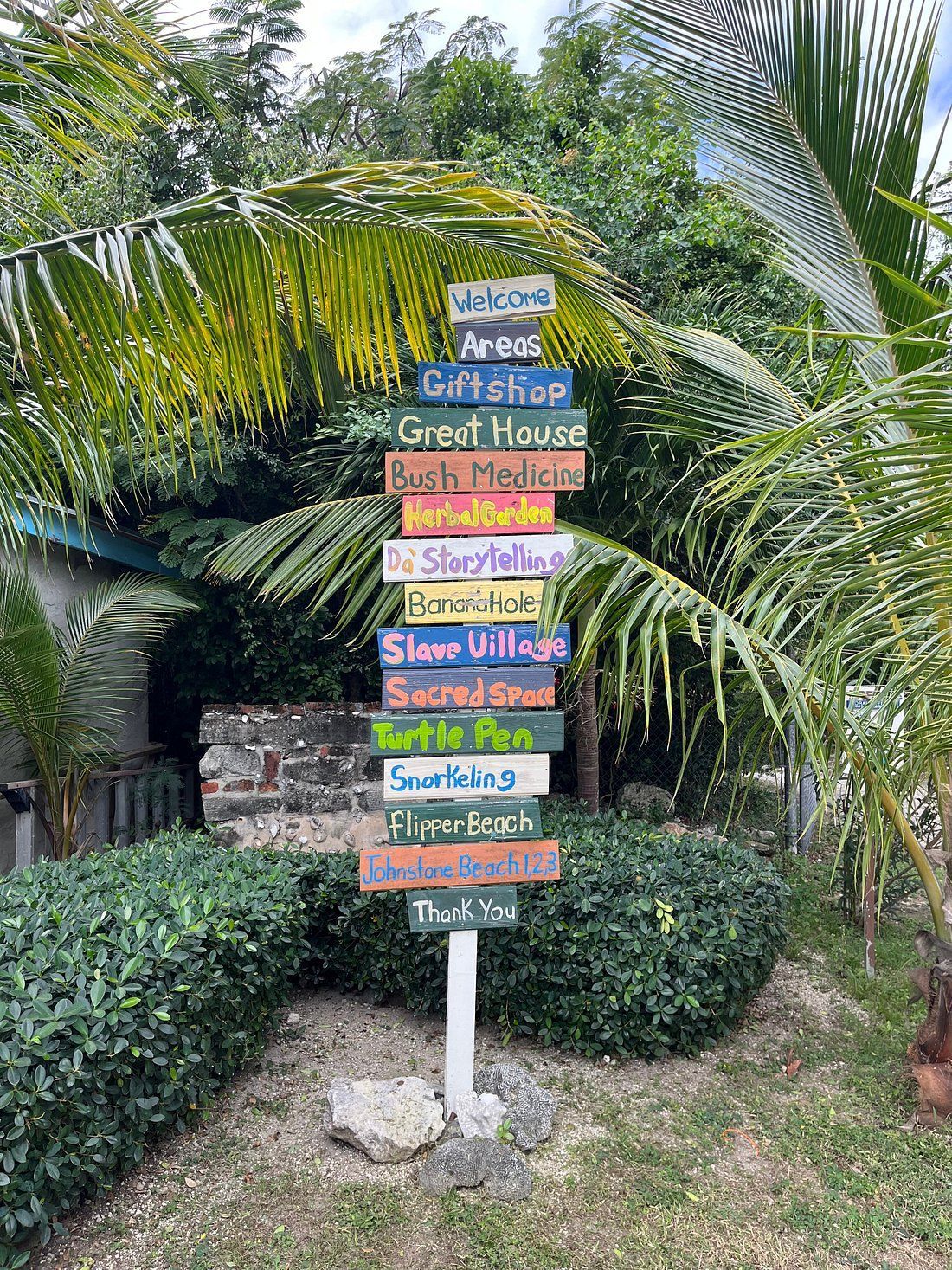 A wooden signpost with colorful signs points to various shops: Gift Shop, Craft House, etc. Set outdoors with foliage.