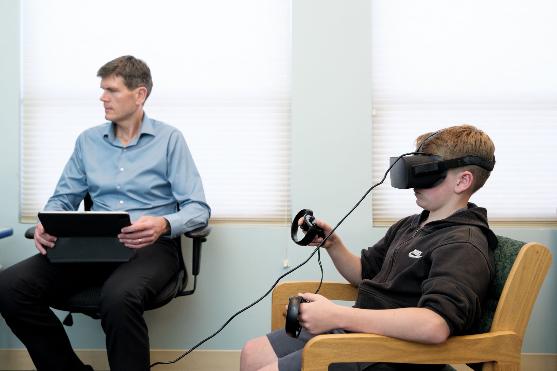 girl smiling and doing eye test
