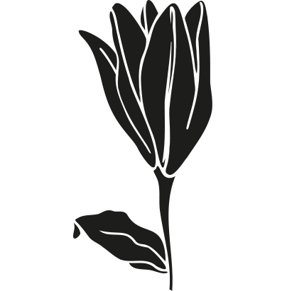 A black and white silhouette of a flower with leaves on a white background.