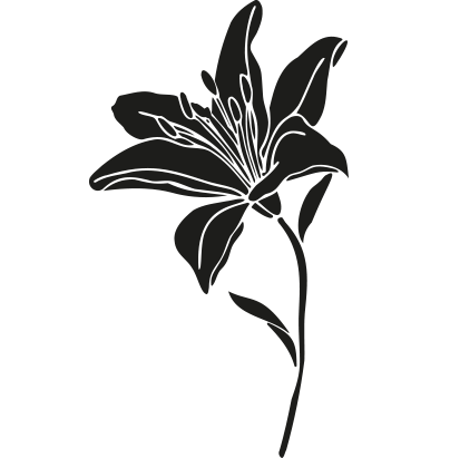 A black and white silhouette of a lily flower with leaves on a white background.