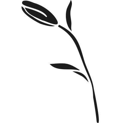 A black and white silhouette of a flower with leaves on a white background.