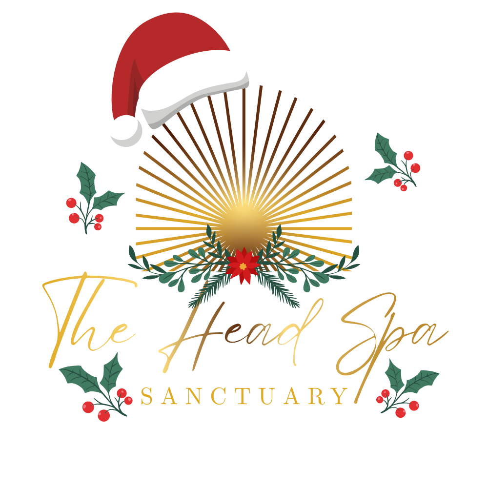 The logo for the head spa sanctuary is a gold sun with rays coming out of it.