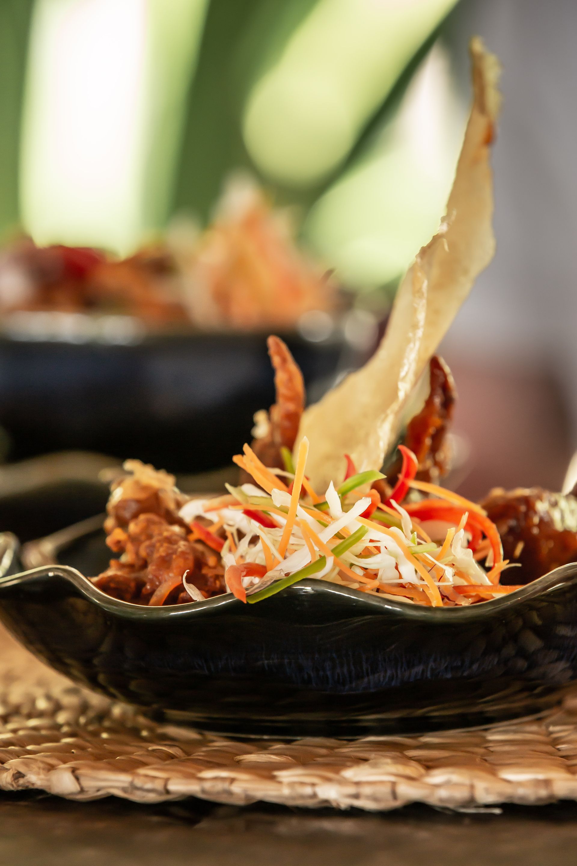 A close up of a plate of food on a table.