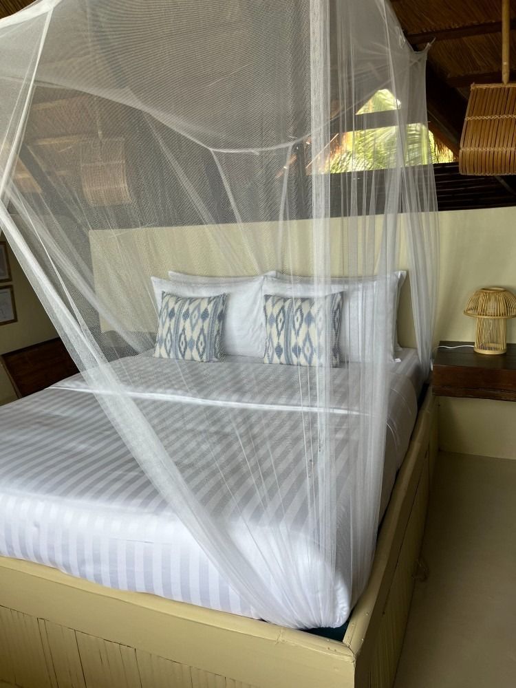 A bed with a mosquito net over it in a hotel room.