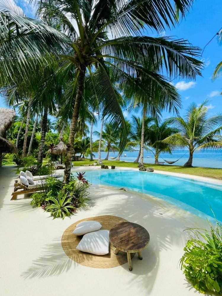 A large swimming pool surrounded by palm trees on a tropical island