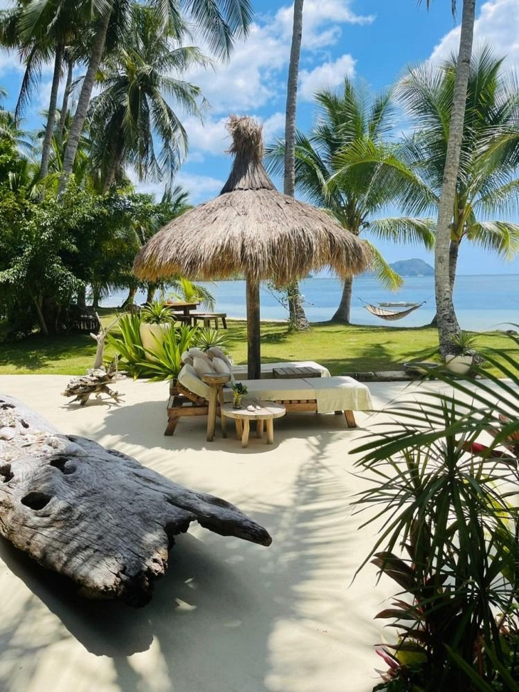 A thatched umbrella is sitting on a sandy beach surrounded by palm trees.