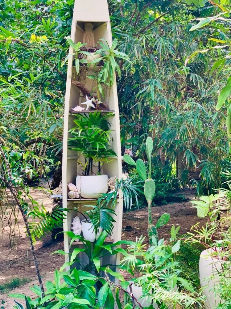 A shelf in the shape of a boat filled with plants and seashells.