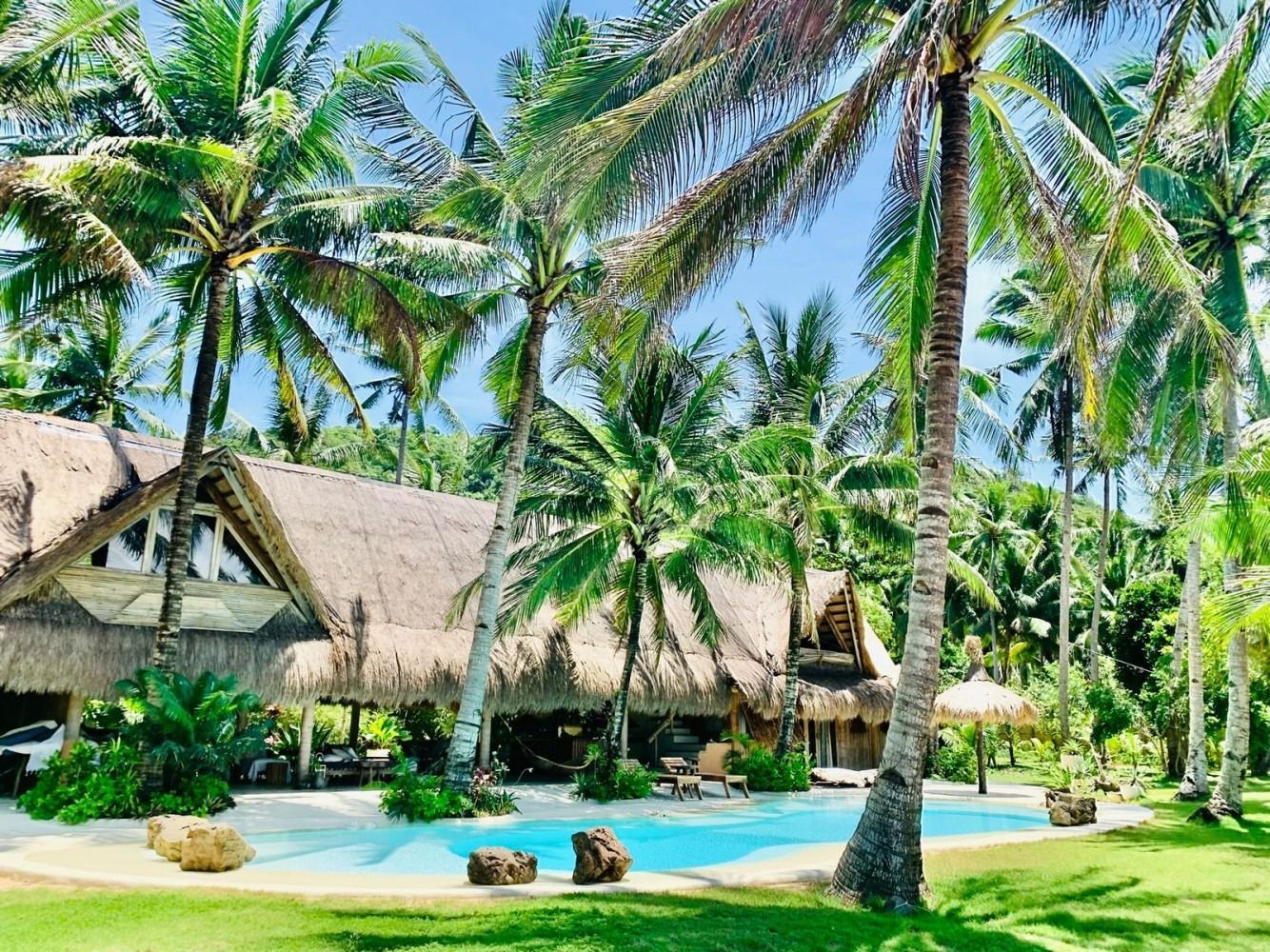 A large swimming pool surrounded by palm trees in front of a thatched building.