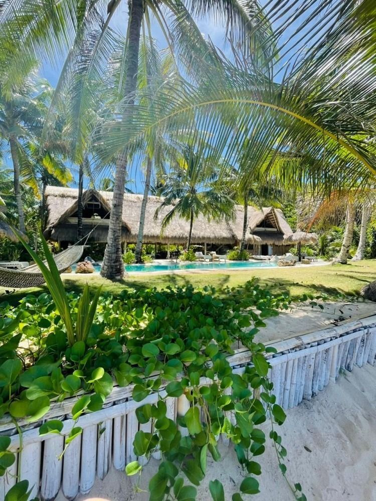 A large house surrounded by palm trees and a swimming pool.