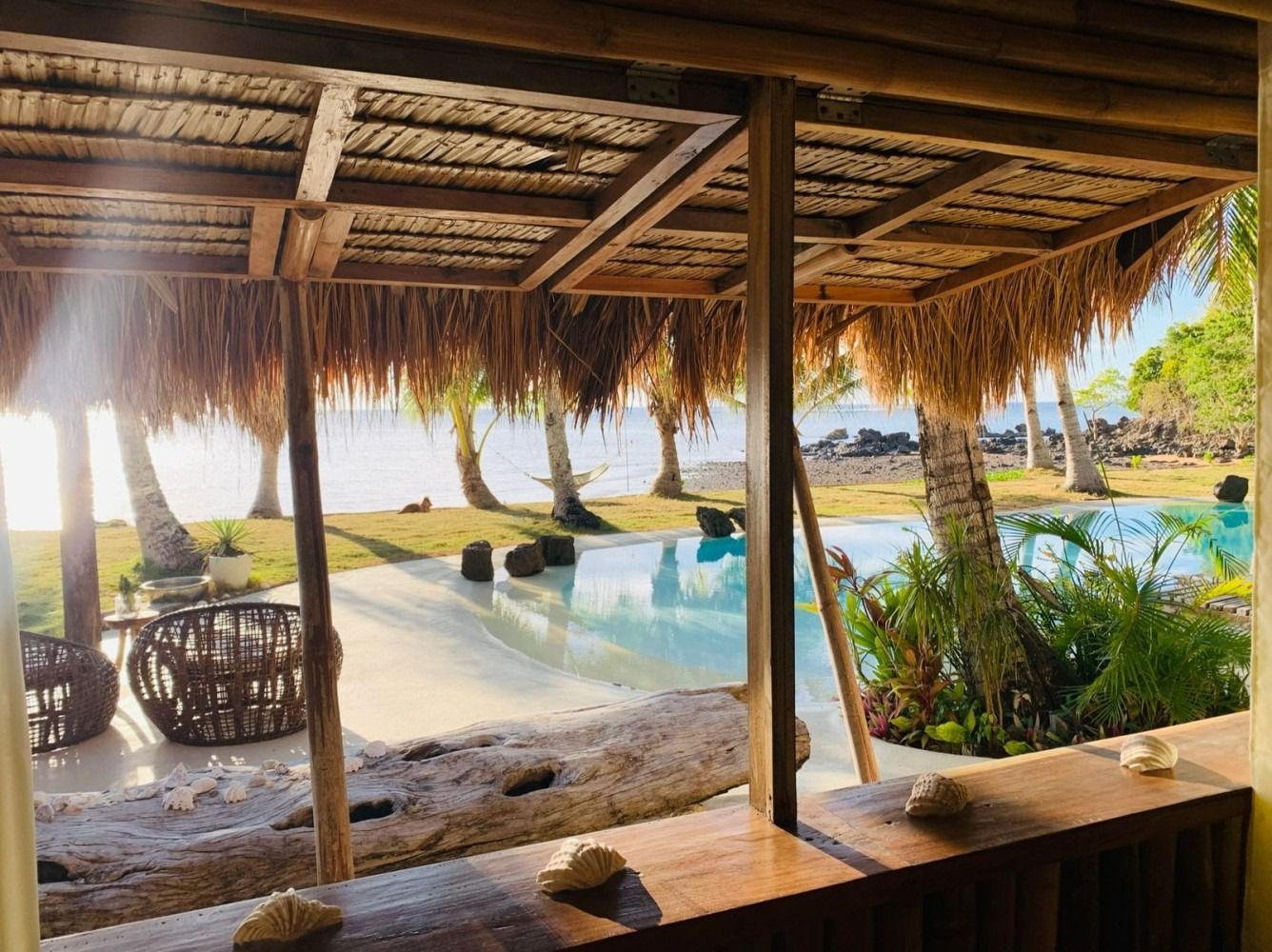 A view of a swimming pool from a window with a thatched roof.