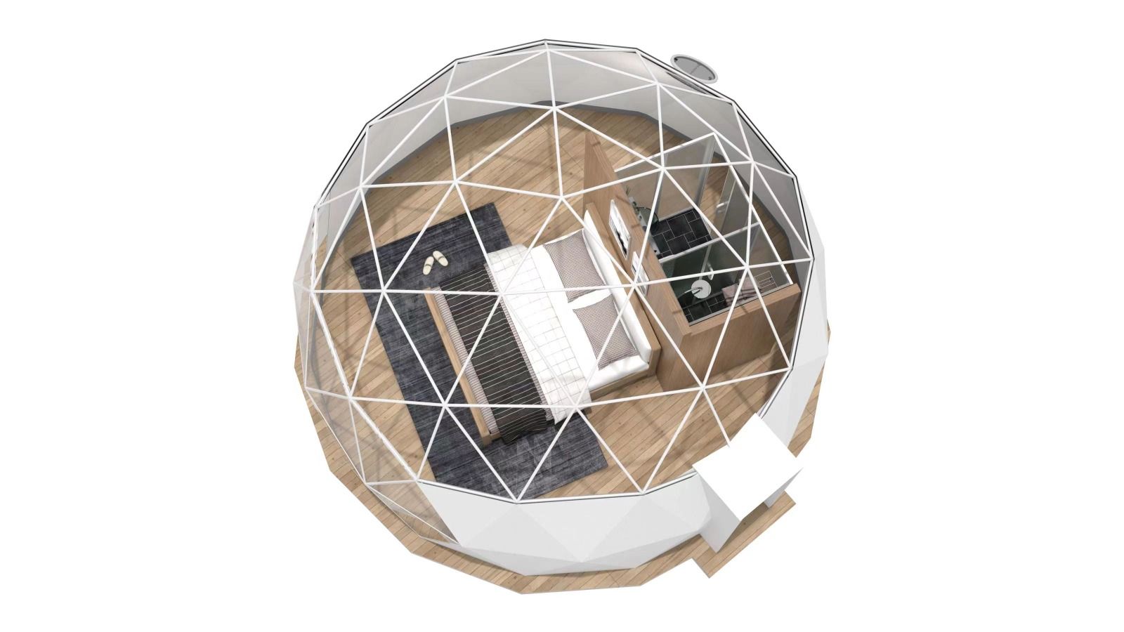 A 3d model of a dome with a living room and bedroom inside of it.