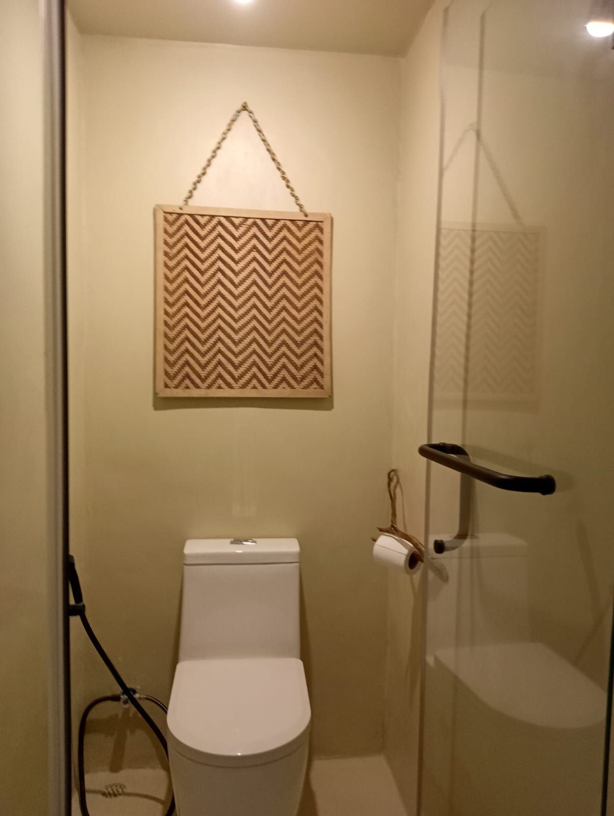 A bathroom with a toilet and a picture on the wall