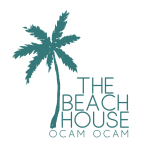 A logo for the beach house ocam ocam with a palm tree.