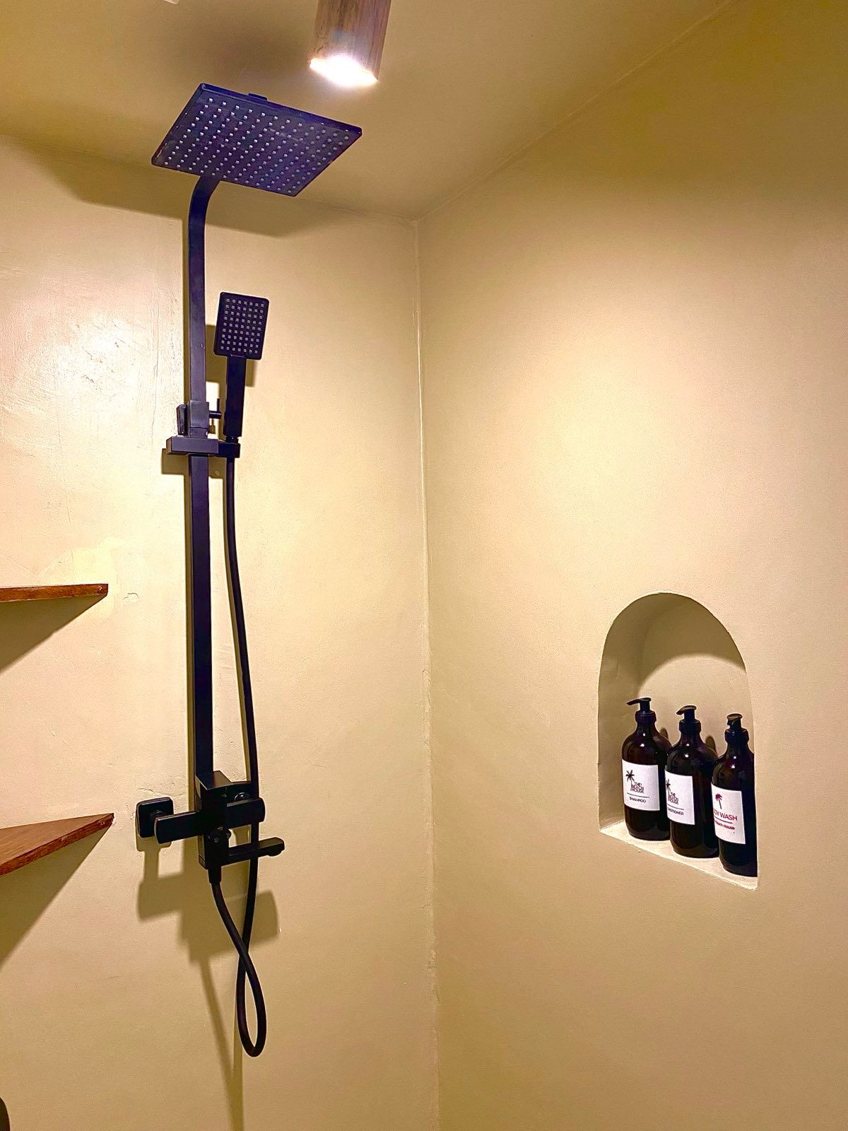 A shower head is hanging from the ceiling in a bathroom