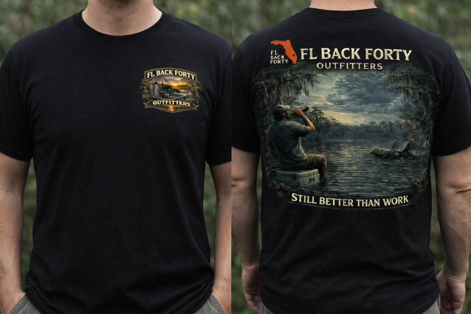 Black t-shirt with front and back designs. Front shows logo. Back has a person observing a swamp scene, with text.