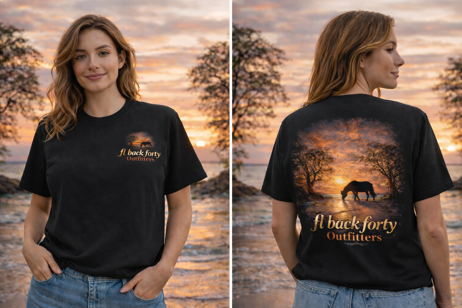 Woman modeling black t-shirt with logo, front and back views. Sunset scene with horse and trees on the back.