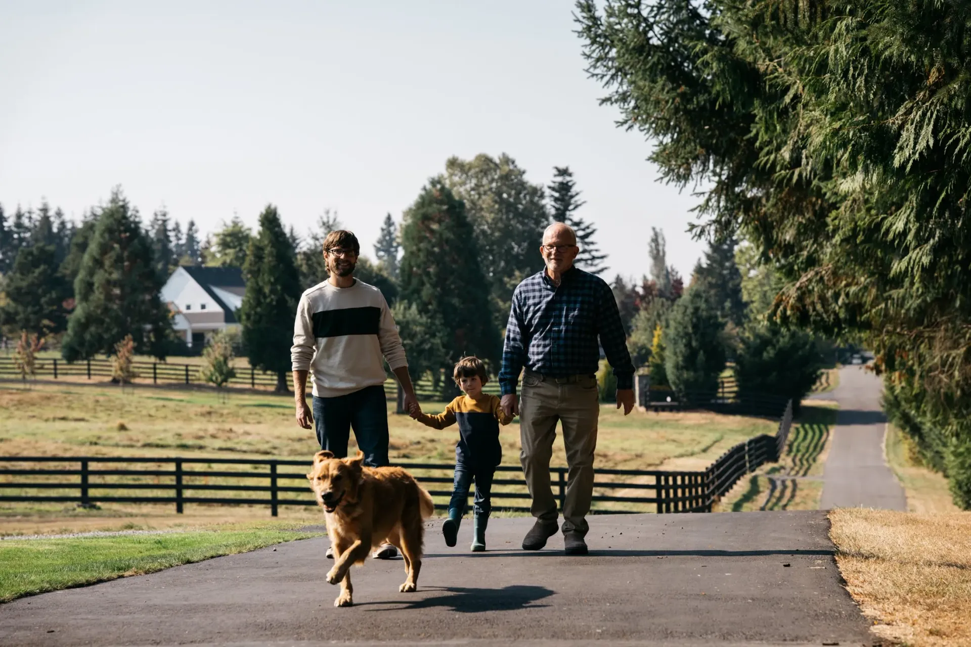 Three people walking together on a path with a golden dog in a sunlit, rural landscape with trees and a fence.