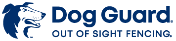 The Dog Guard Out of Sight Fencing logo featuring a dark blue stylized dog head profile next to the brand name text.