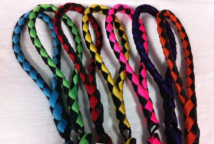A group of six braided lanyards in blue, green, red, yellow, pink, and orange, each interwoven with a black strand.