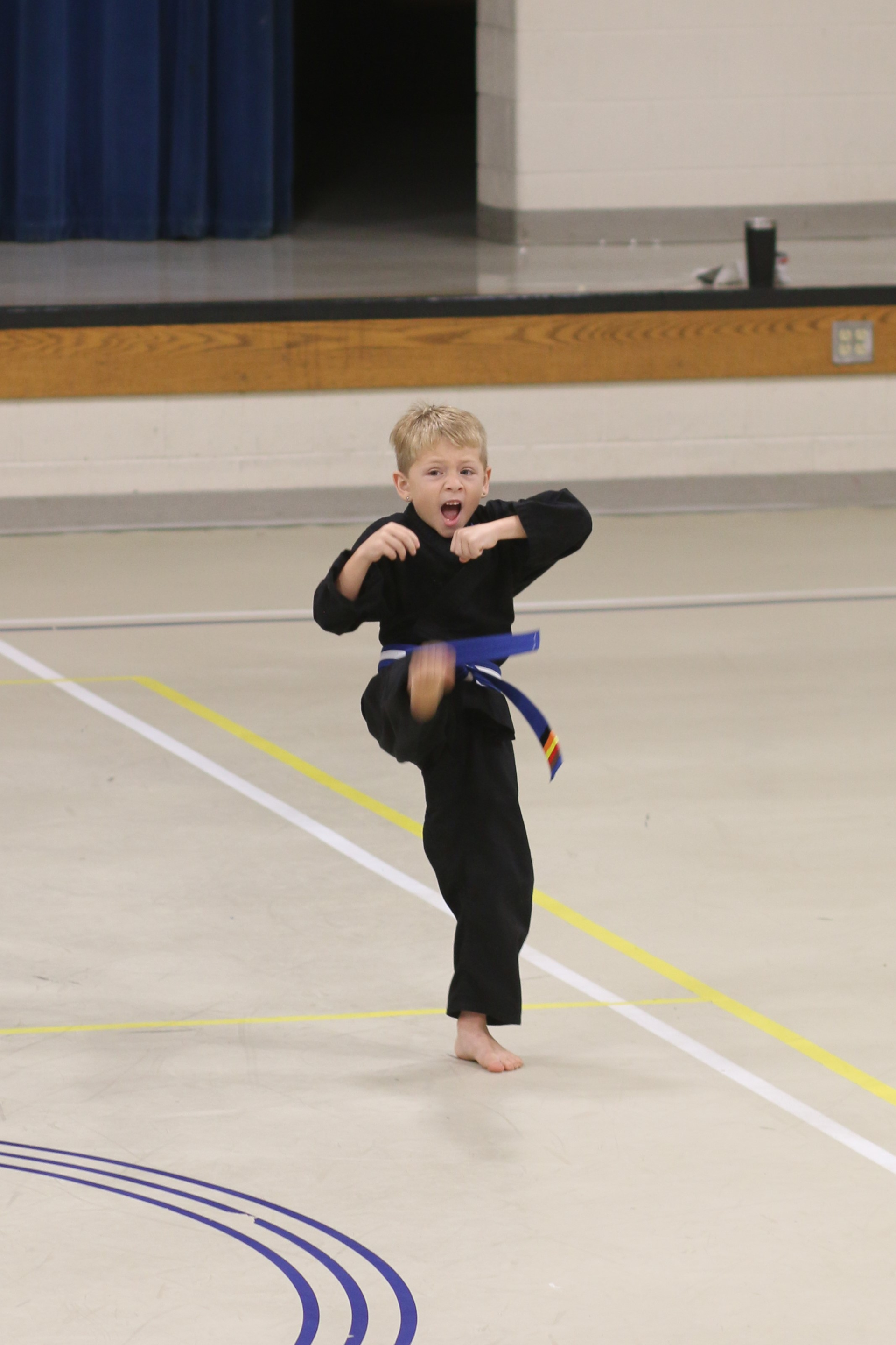 A young boy with a blue belt is practicing karate