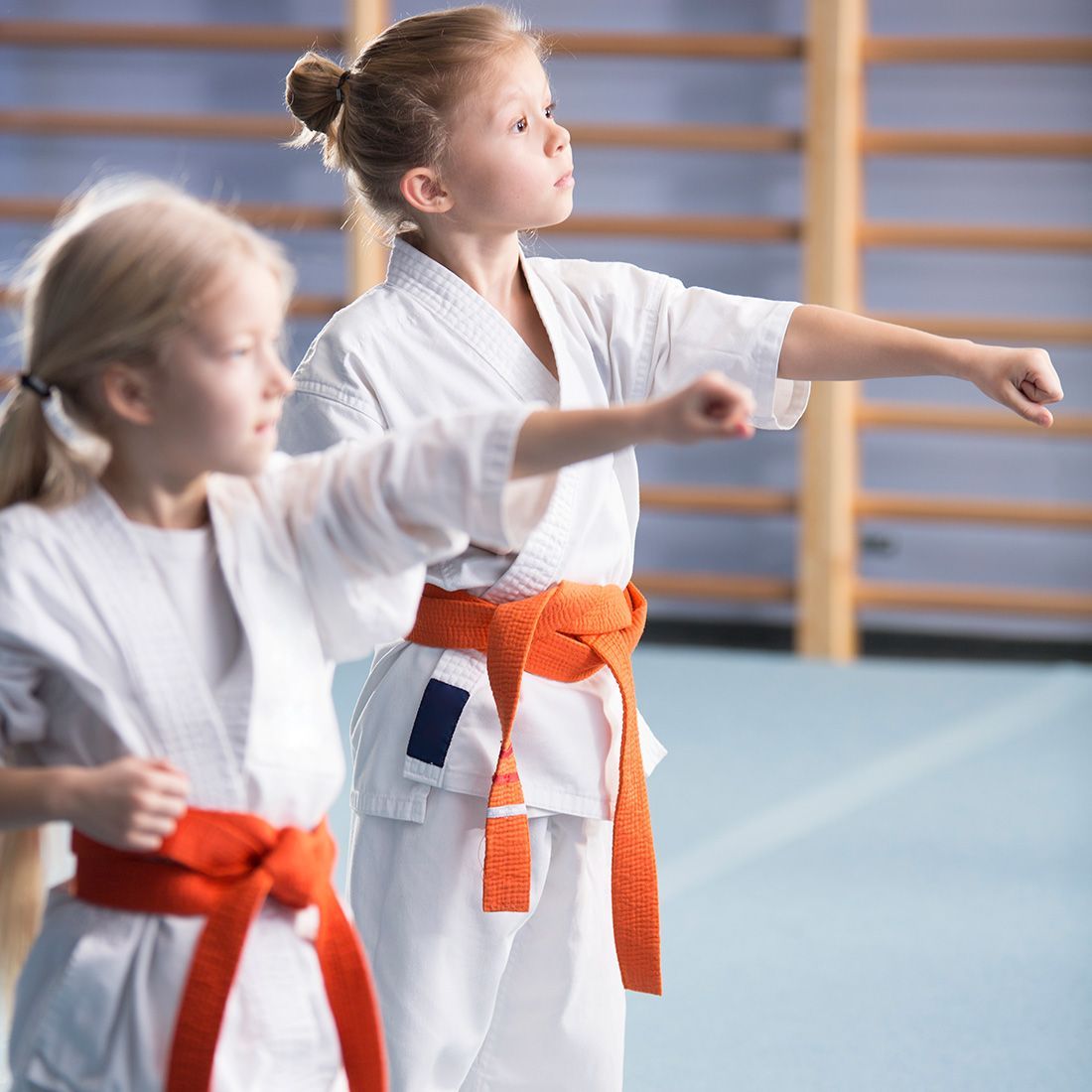 Two young girls in karate uniforms are standing next to each other in a gym.