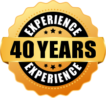 A gold badge with the words `` experience 40 years experience '' written inside of it.