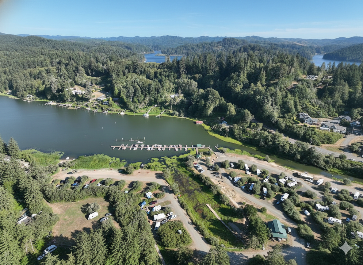 Aerial view of lake with boats, surrounded by campground and forest, under a clear blue sky.