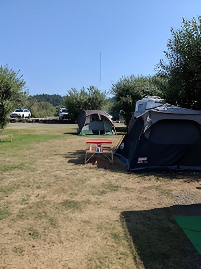 Campsite with two tents, picnic table, cars, and trees under a clear blue sky.