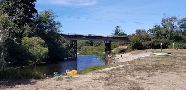 River scene with a bridge overhead, people swimming and relaxing on the riverbank on a sunny day.