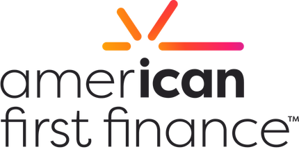 American First Finance logo.  Blue and red abstract graphic with blue text.